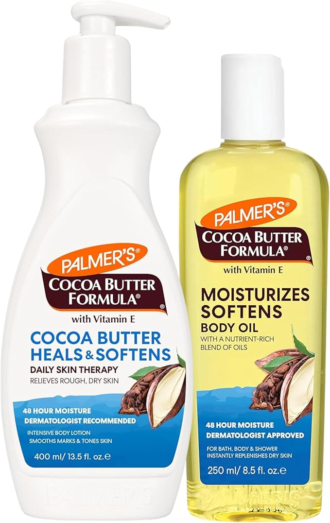 بالمرز زيت الجسم بزبدة الكاكاو من بالمر + لوشن الجسم، حزمة العناية بالبشرة الجافة من Value Skin، يوفر ترطيب لمدة 48 ساعة للبشرة الجافة والخشنة، ويشمل لوشن مرطب واحد (13.5 أونصة سائلة) وزيت بشرة واحد (8.5 أونصة سائلة) - Image 2